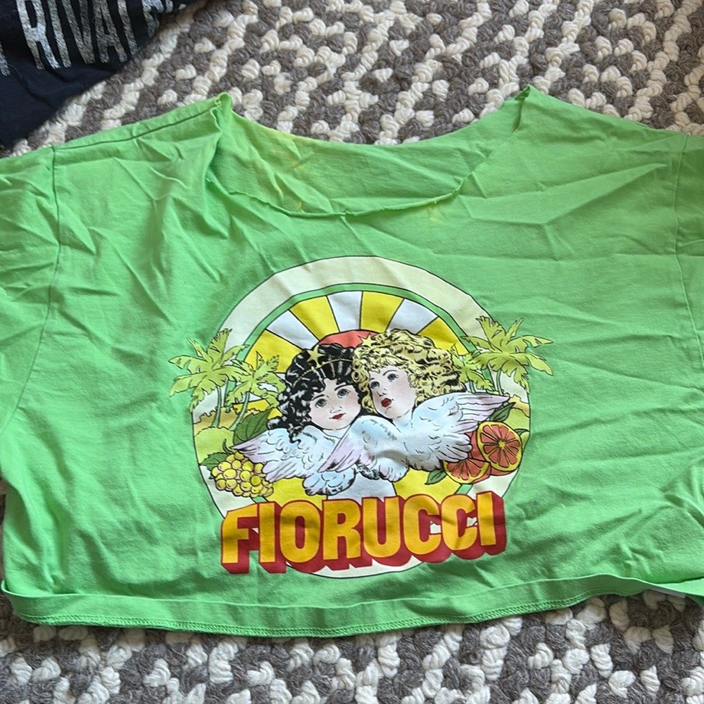 fiorucci cut off the shoulder crop top (hand done) minor bleach stains